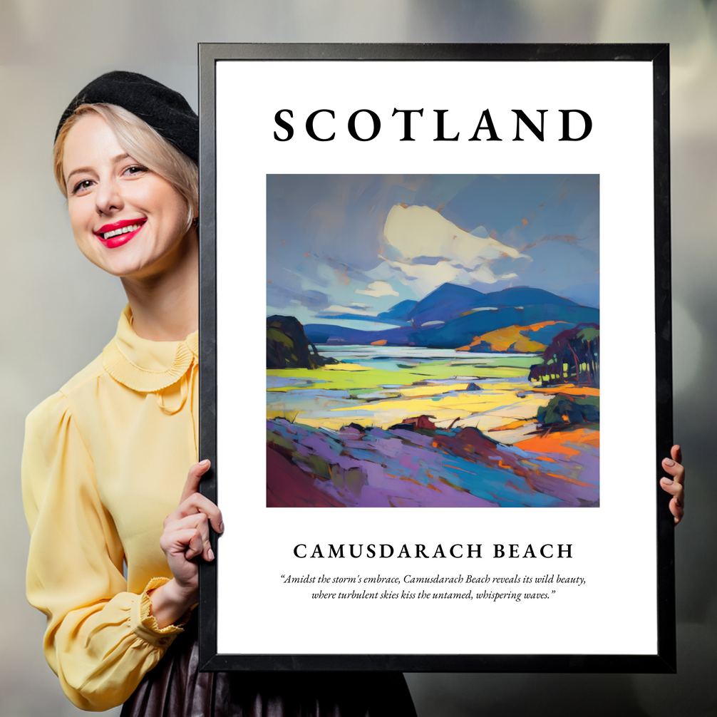 Person holding a poster of Camusdarach Beach