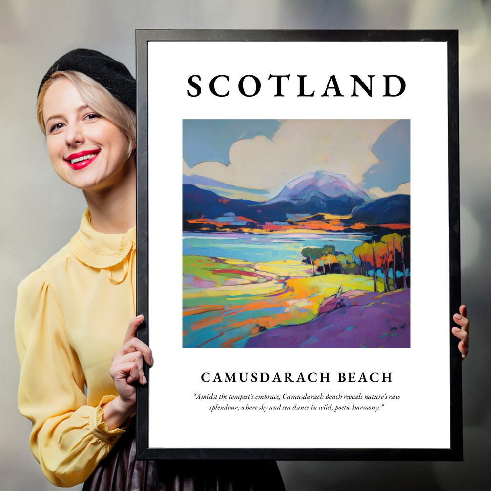 Person holding a poster of Camusdarach Beach