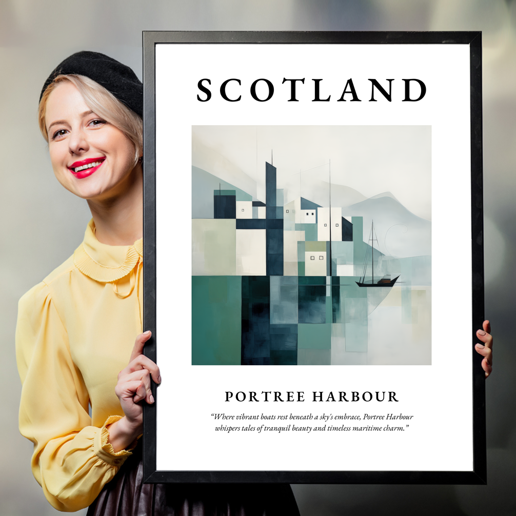 Person holding a poster of Portree Harbour