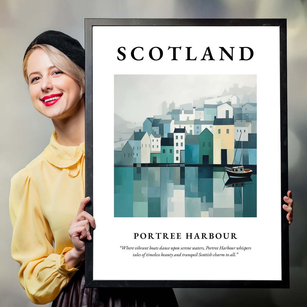 Person holding a poster of Portree Harbour