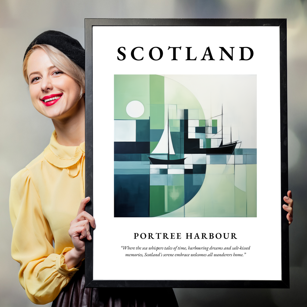 Person holding a poster of Portree Harbour