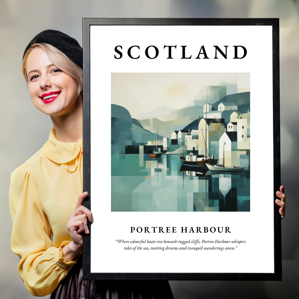 Person holding a poster of Portree Harbour