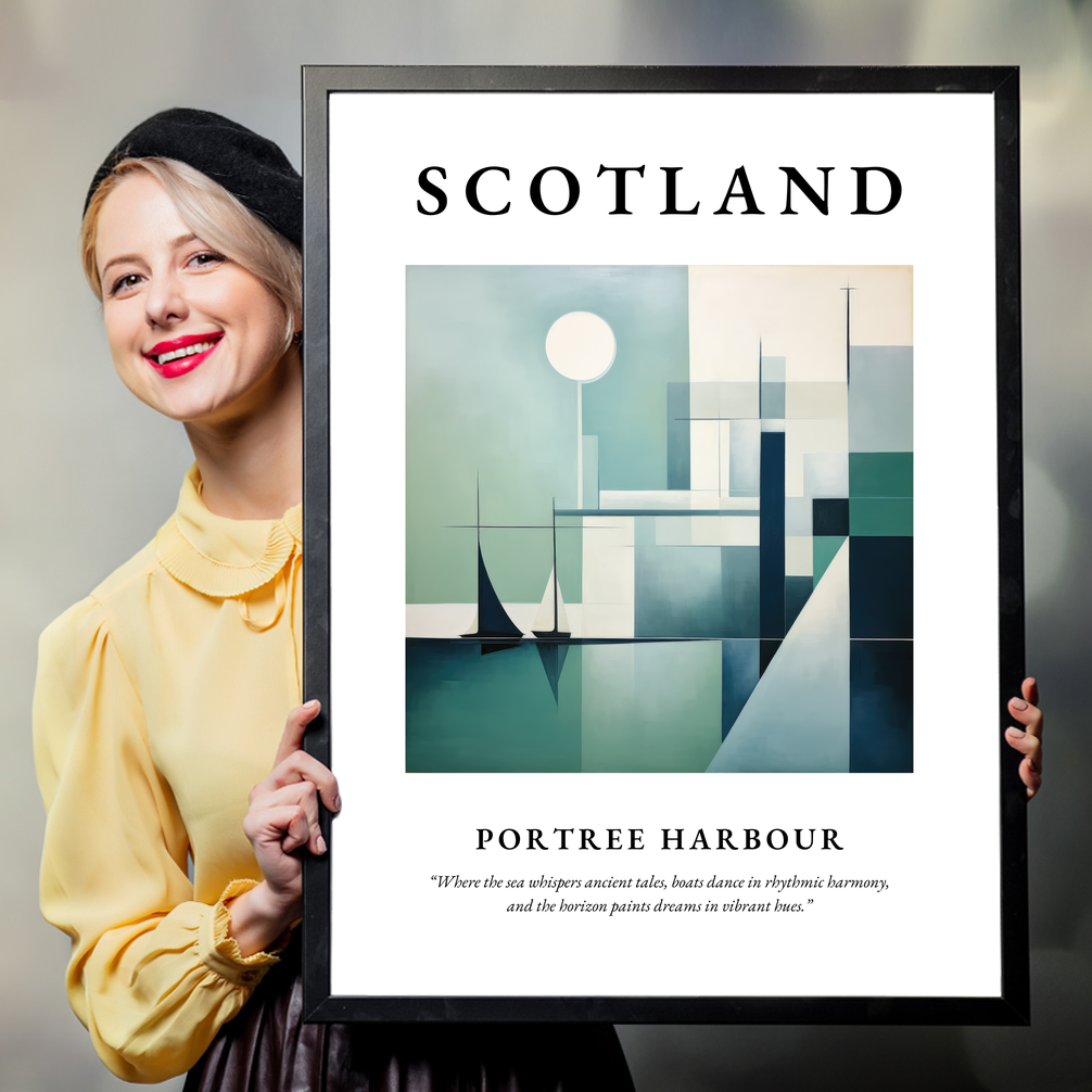 Person holding a poster of Portree Harbour