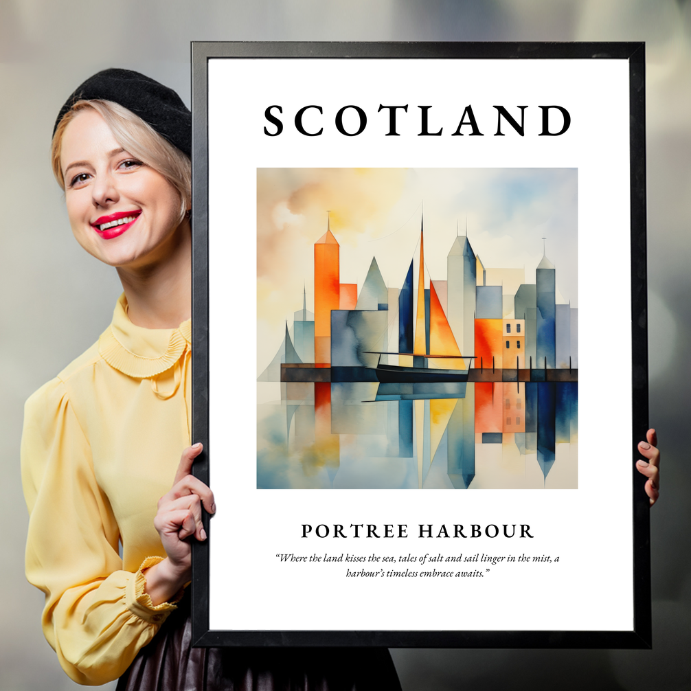 Person holding a poster of Portree Harbour