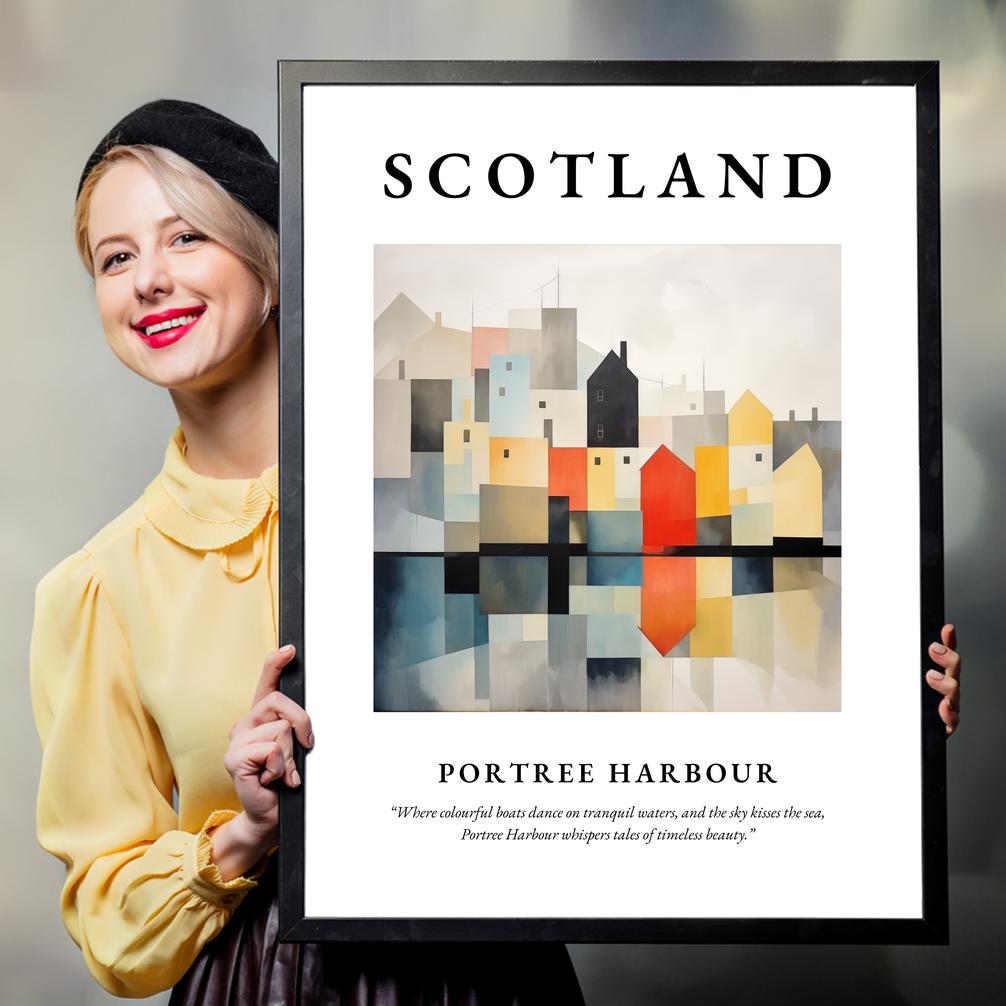 Person holding a poster of Portree Harbour