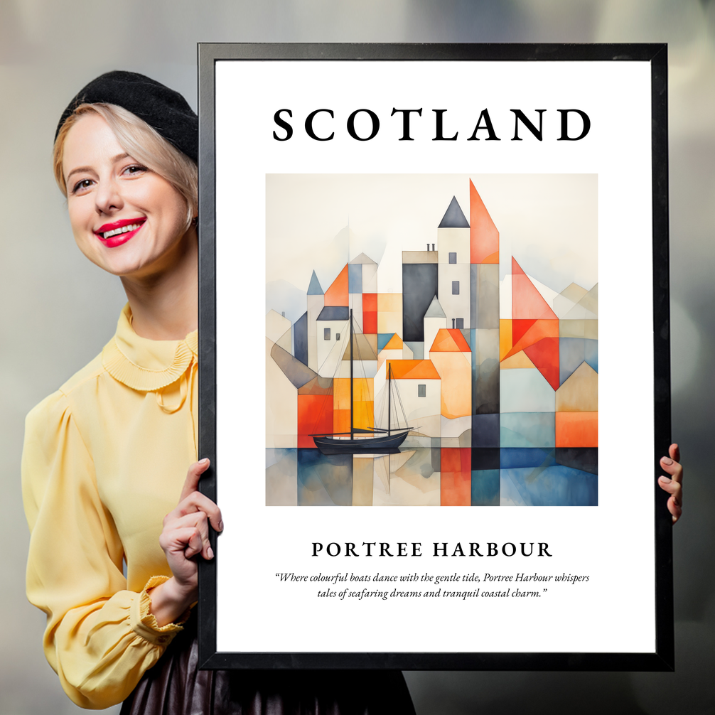 Person holding a poster of Portree Harbour