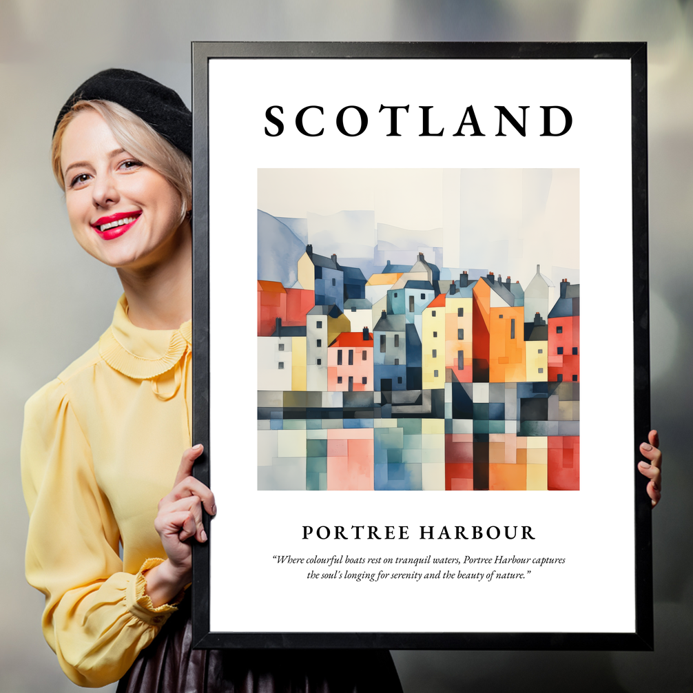 Person holding a poster of Portree Harbour