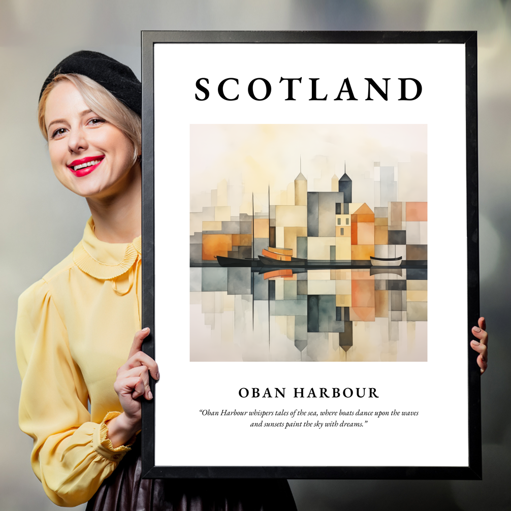 Person holding a poster of Oban Harbour