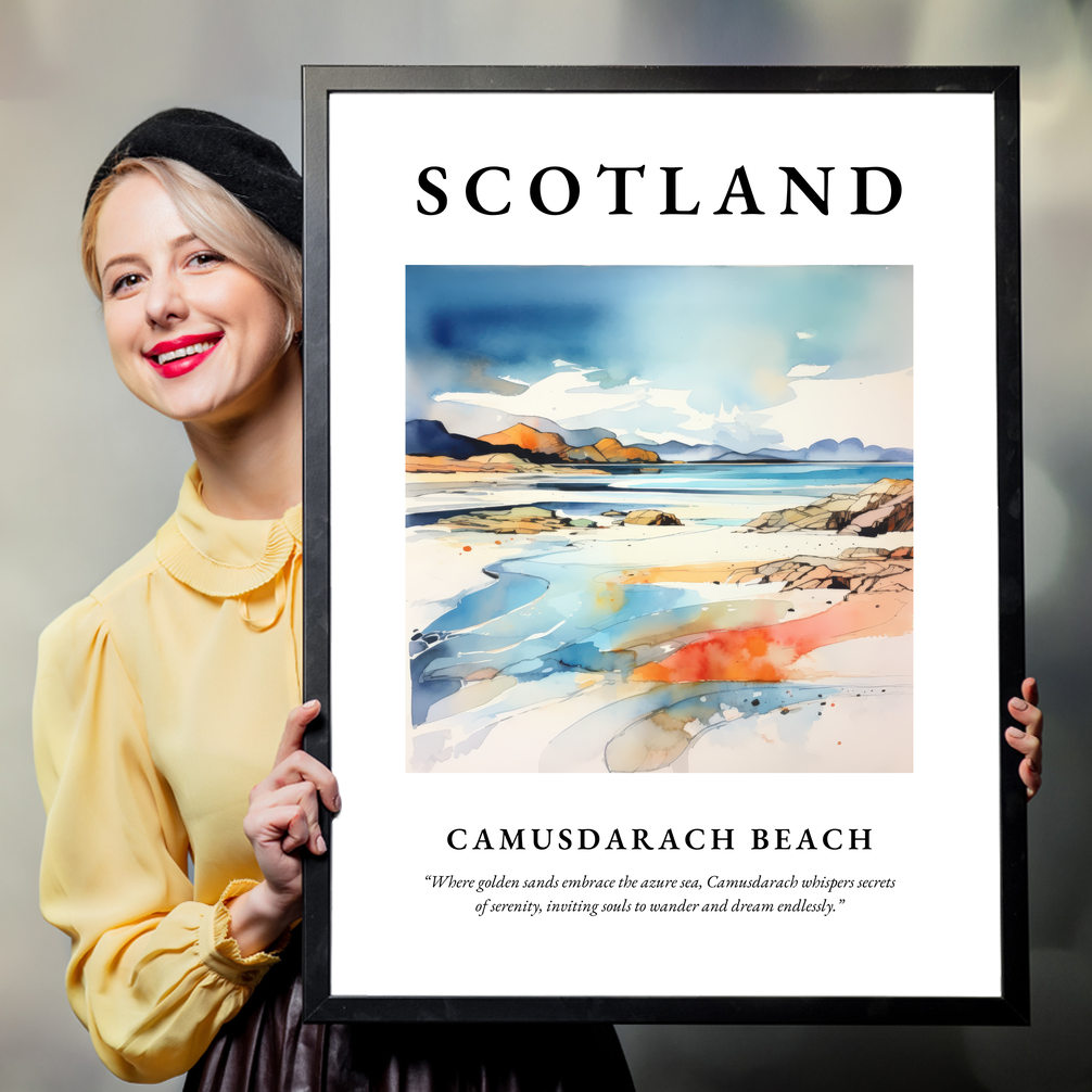 Person holding a poster of Camusdarach Beach