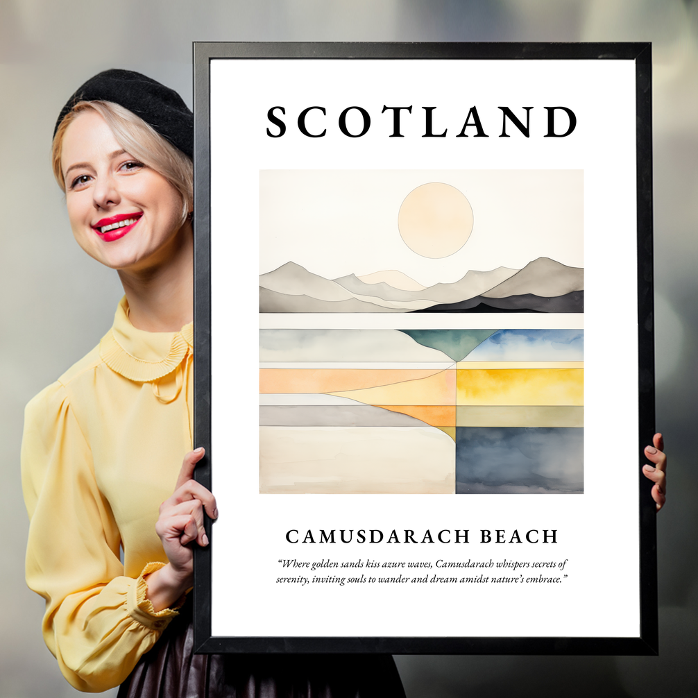 Person holding a poster of Camusdarach Beach