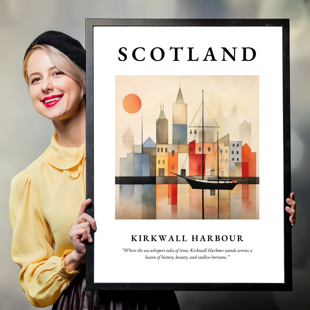 Person holding a poster of Kirkwall Harbour