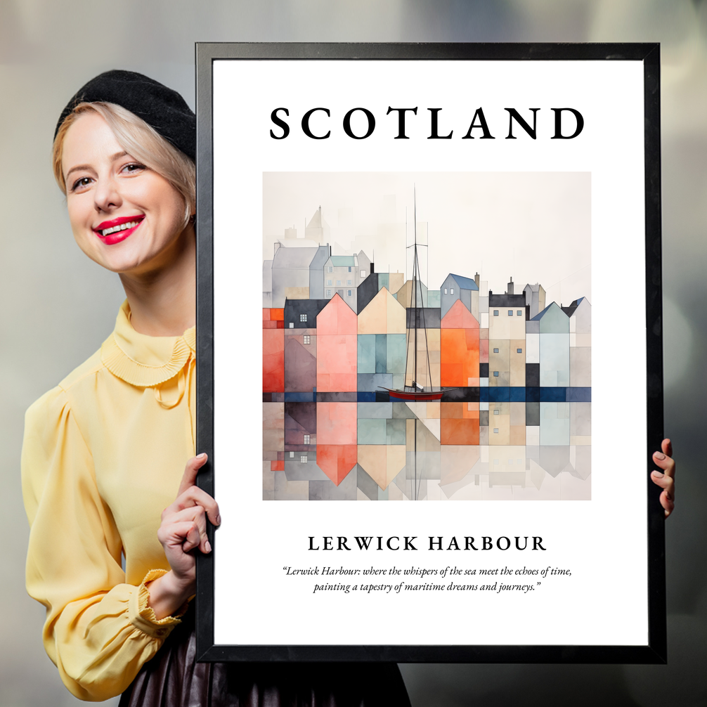 Person holding a poster of Lerwick Harbour