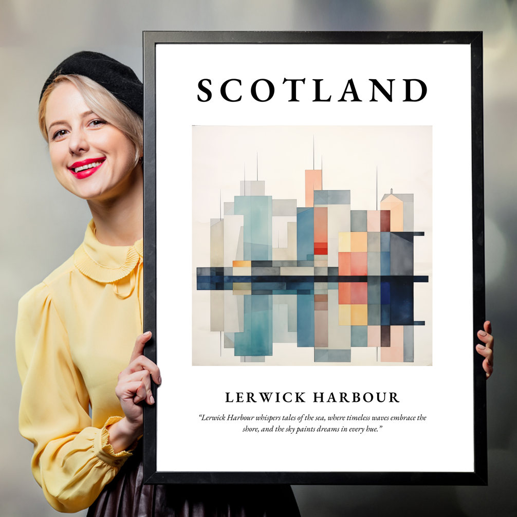 Person holding a poster of Lerwick Harbour