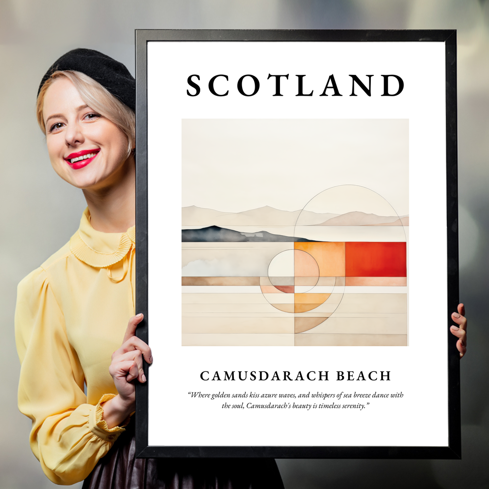 Person holding a poster of Camusdarach Beach