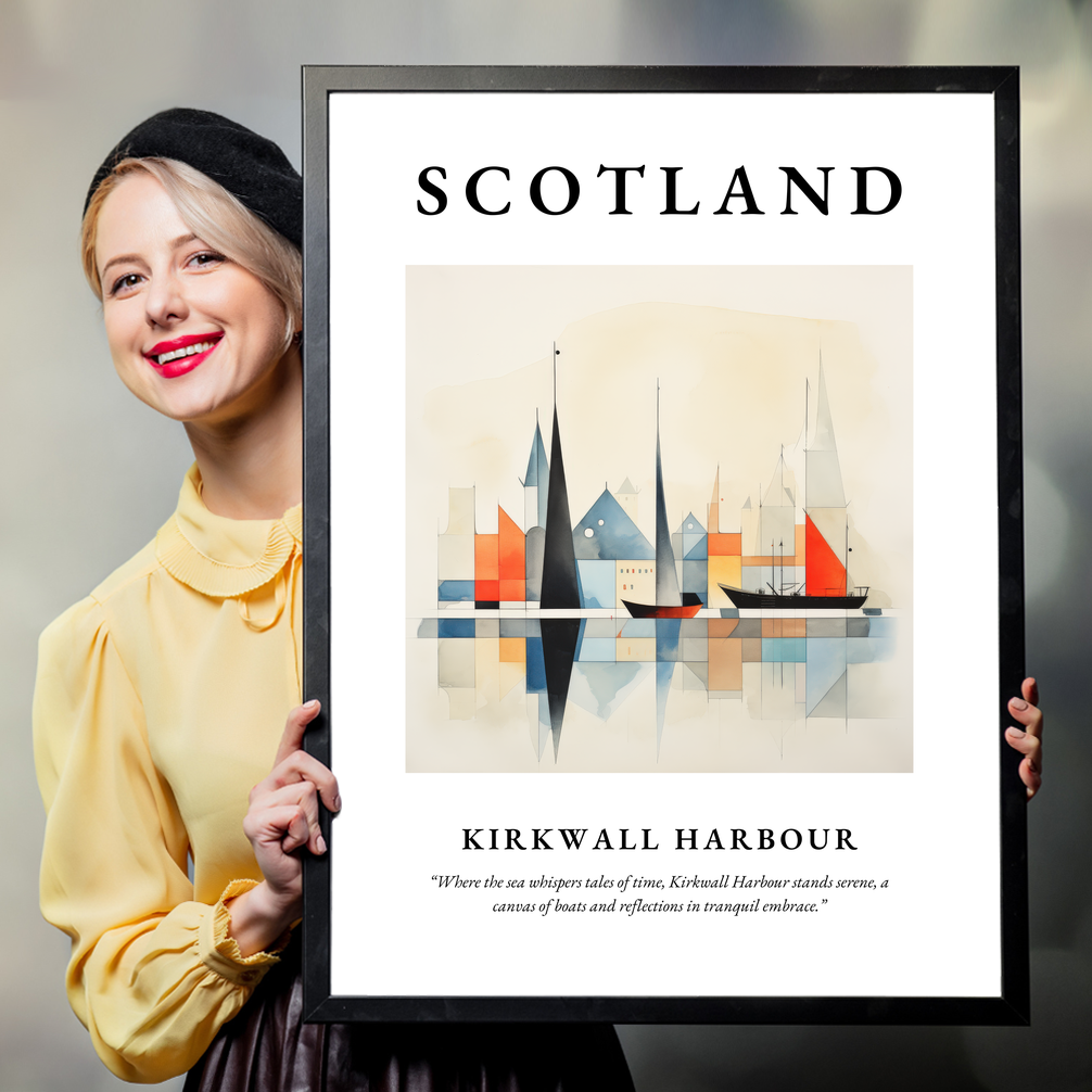 Person holding a poster of Kirkwall Harbour