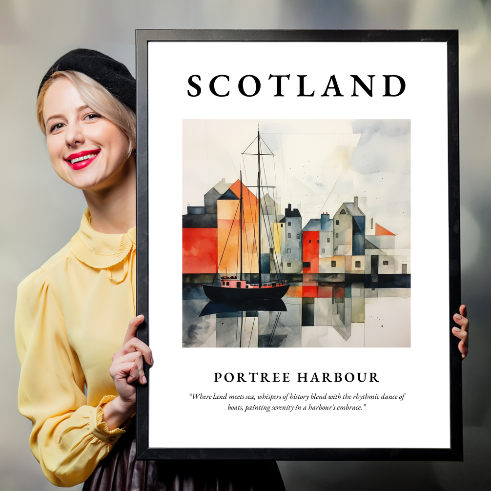 Person holding a poster of Portree Harbour