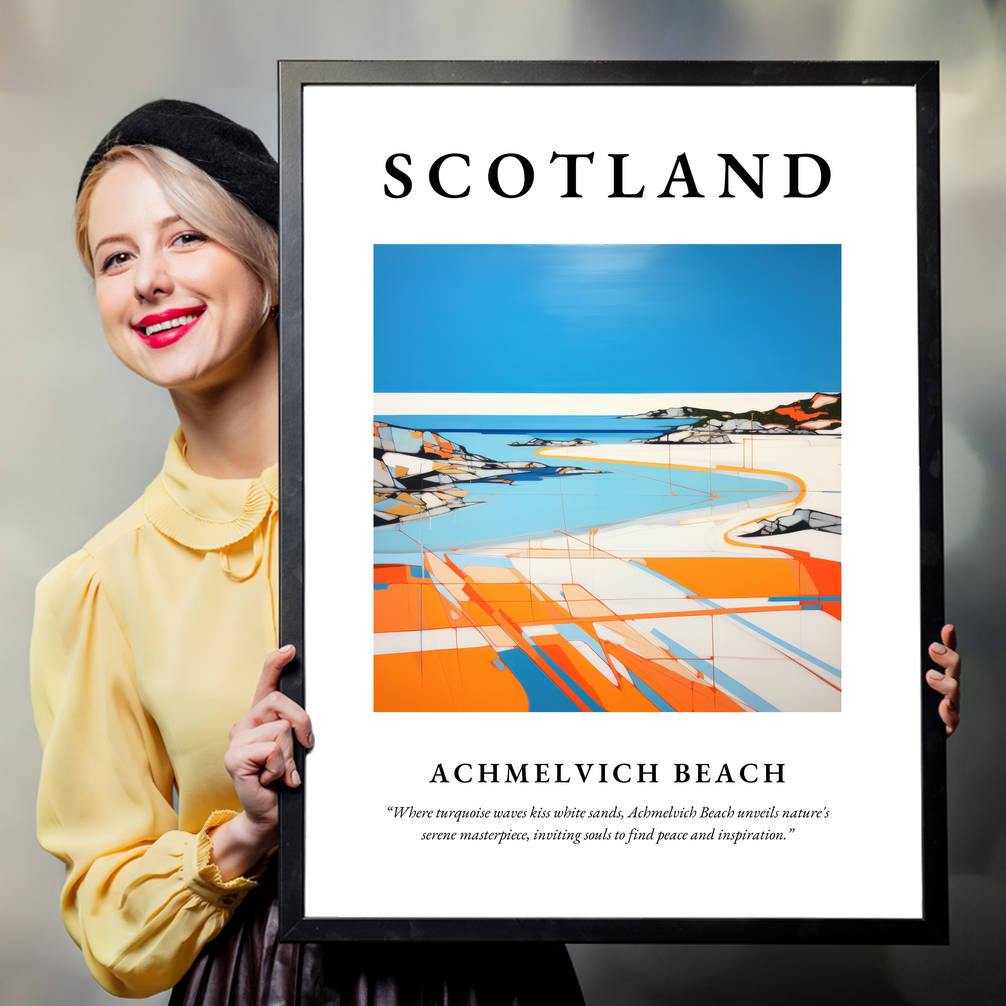 Person holding a poster of Achmelvich Beach