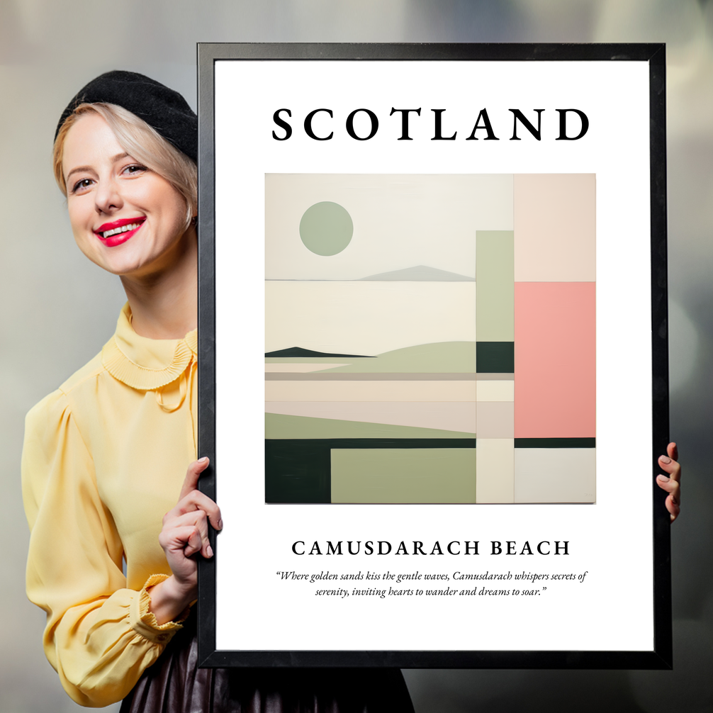 Person holding a poster of Camusdarach Beach