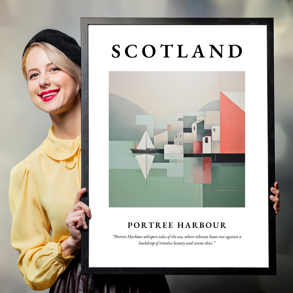 Person holding a poster of Portree Harbour