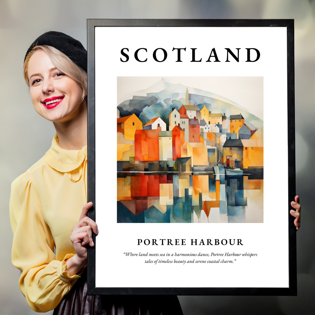 Person holding a poster of Portree Harbour