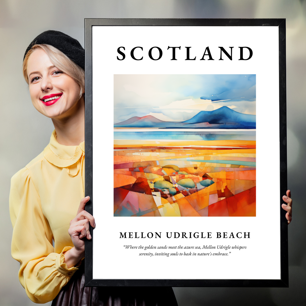 Person holding a poster of Mellon Udrigle Beach