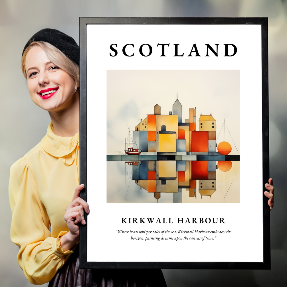 Person holding a poster of Kirkwall Harbour