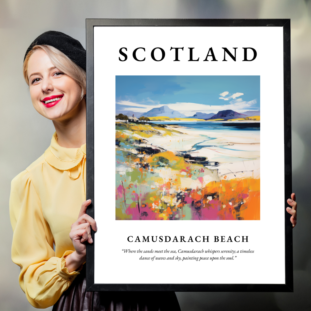 Person holding a poster of Camusdarach Beach