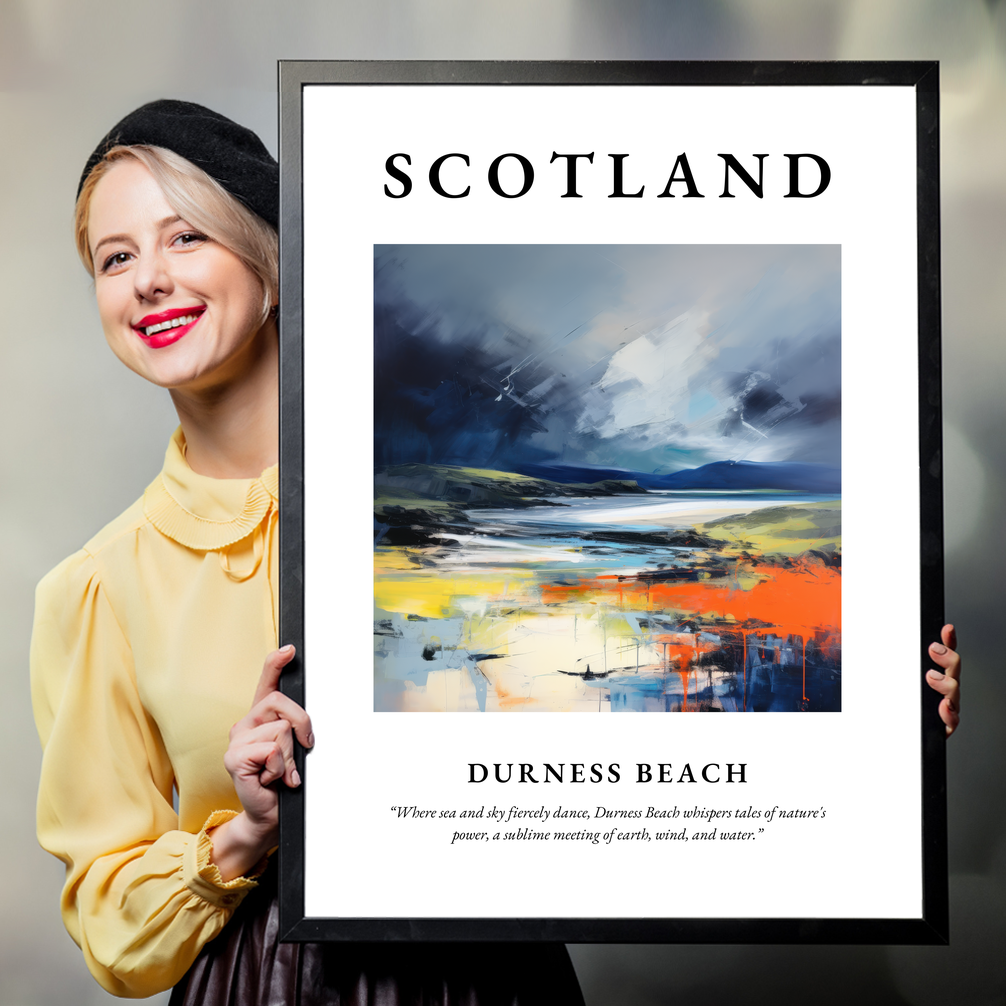 Person holding a poster of Durness Beach