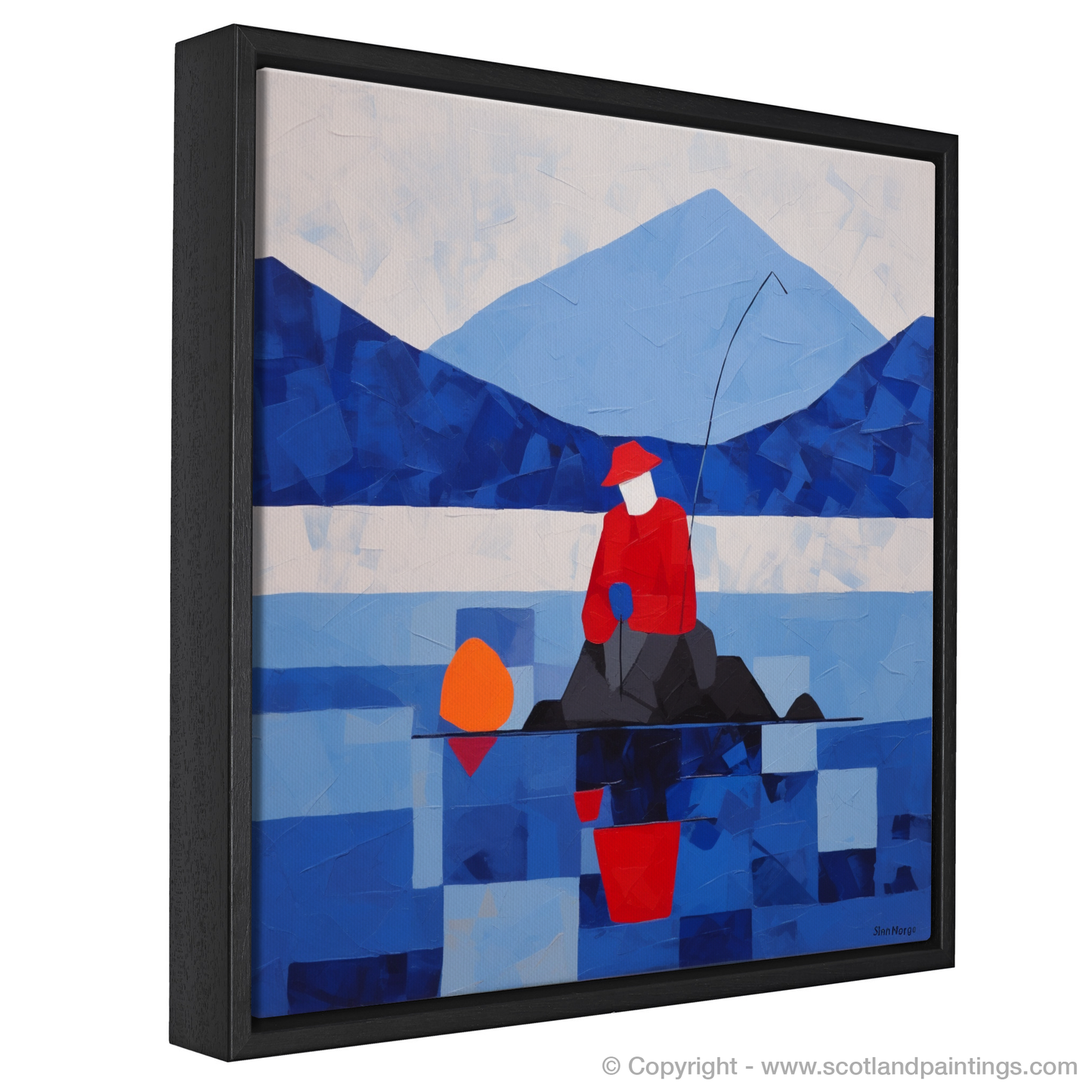 Painting and Art Print of A man fishing in Loch Lomond entitled "Abstract Serenity: A Man Fishing in Loch Lomond".