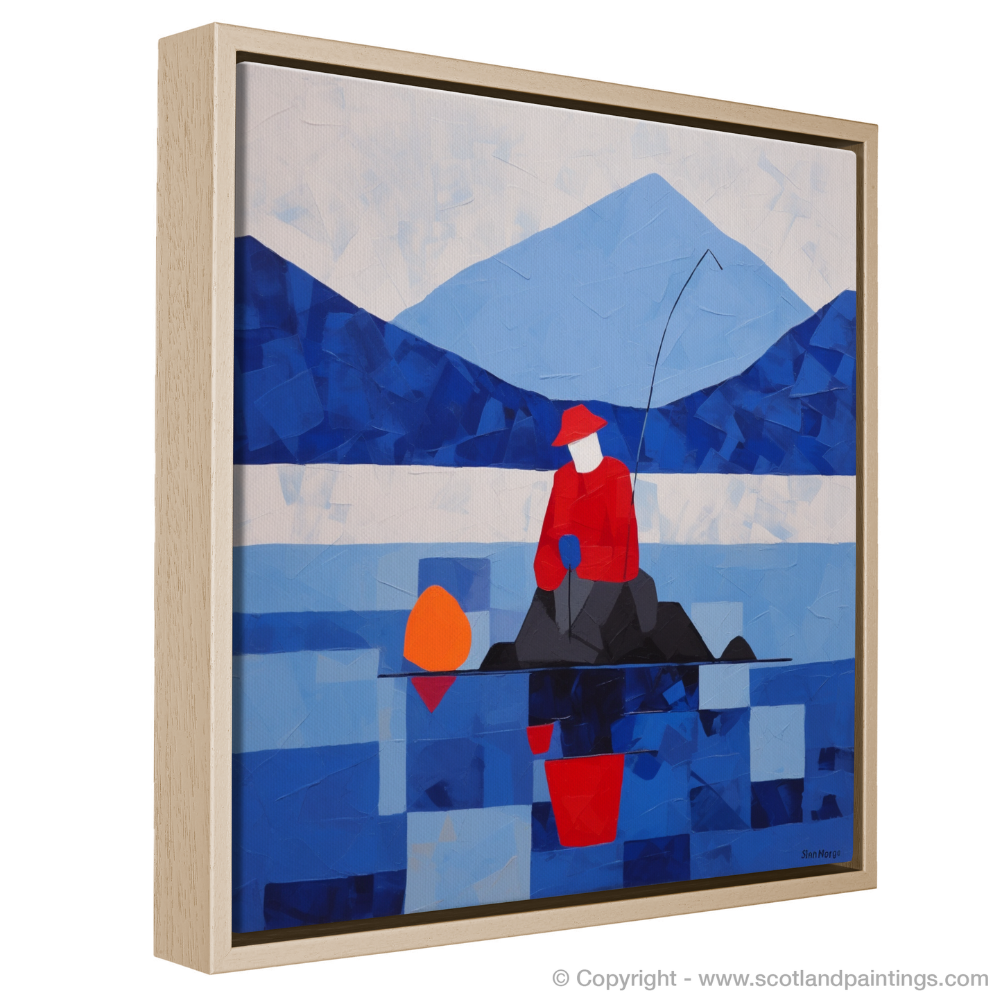 Painting and Art Print of A man fishing in Loch Lomond entitled "Abstract Serenity: A Man Fishing in Loch Lomond".