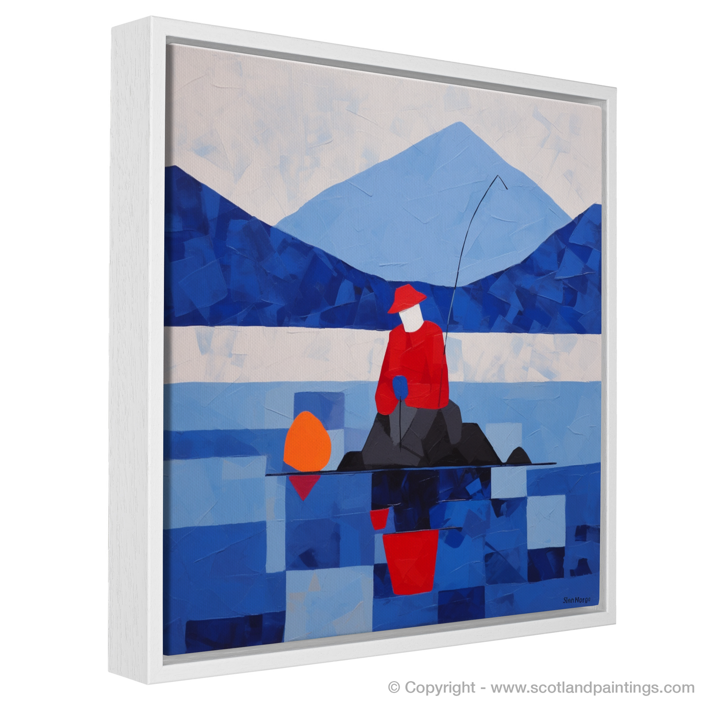 Painting and Art Print of A man fishing in Loch Lomond entitled "Abstract Serenity: A Man Fishing in Loch Lomond".