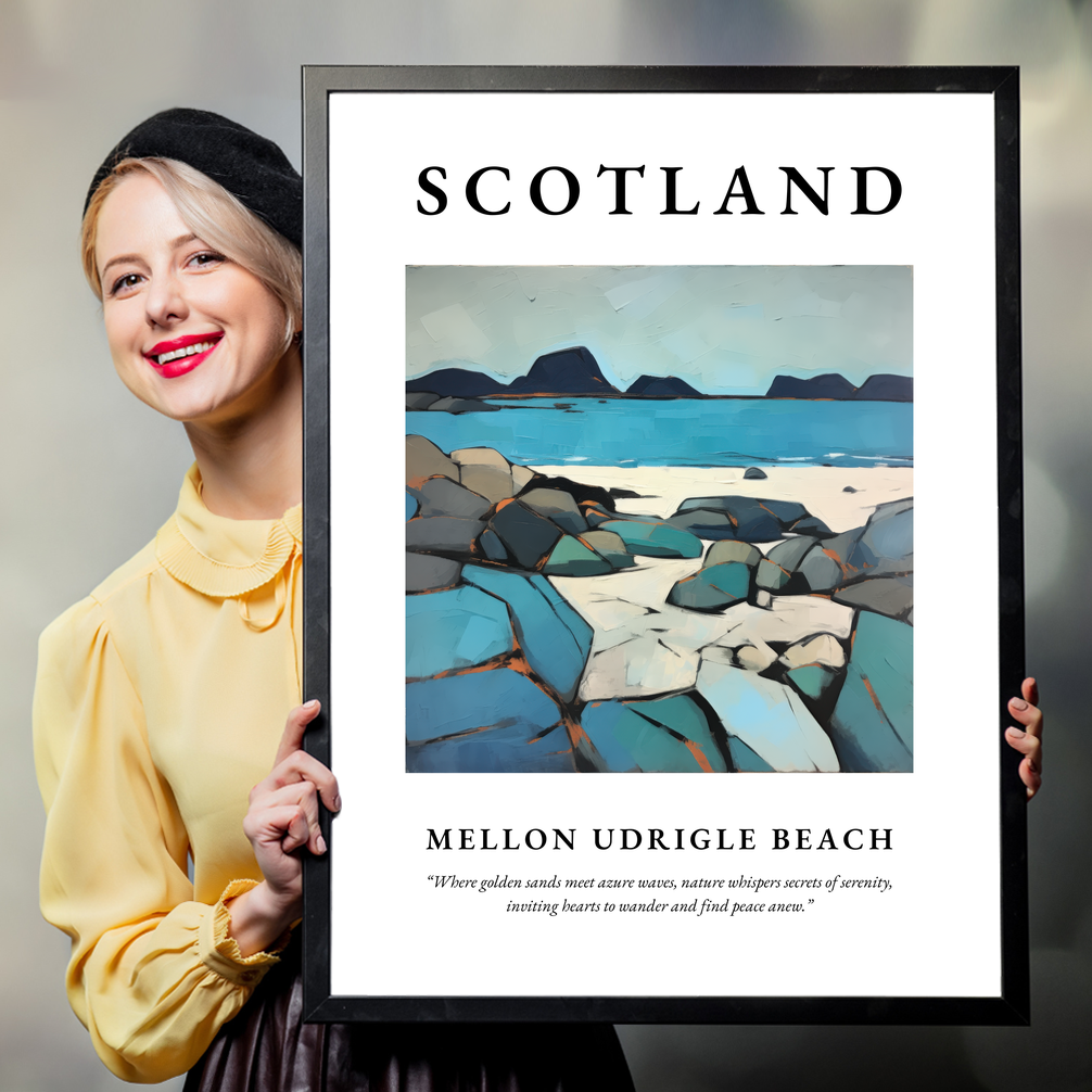 Person holding a poster of Mellon Udrigle Beach