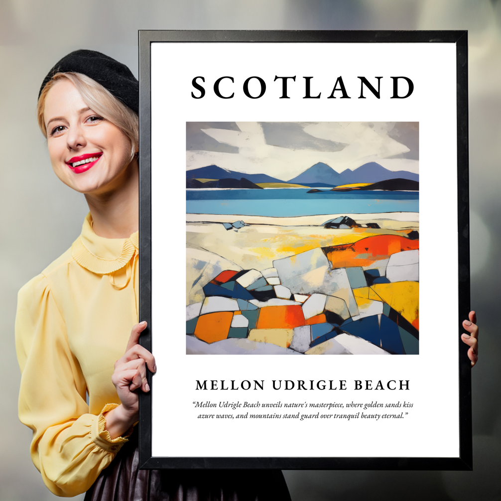 Person holding a poster of Mellon Udrigle Beach