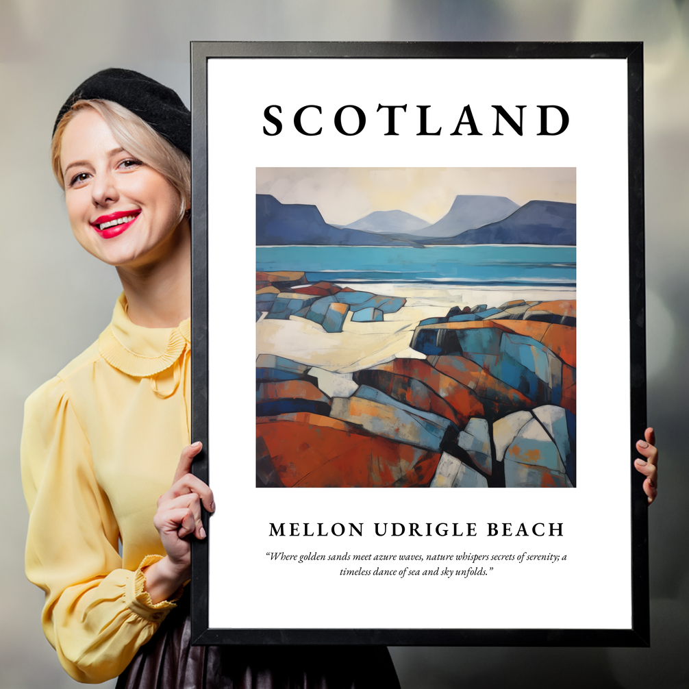 Person holding a poster of Mellon Udrigle Beach