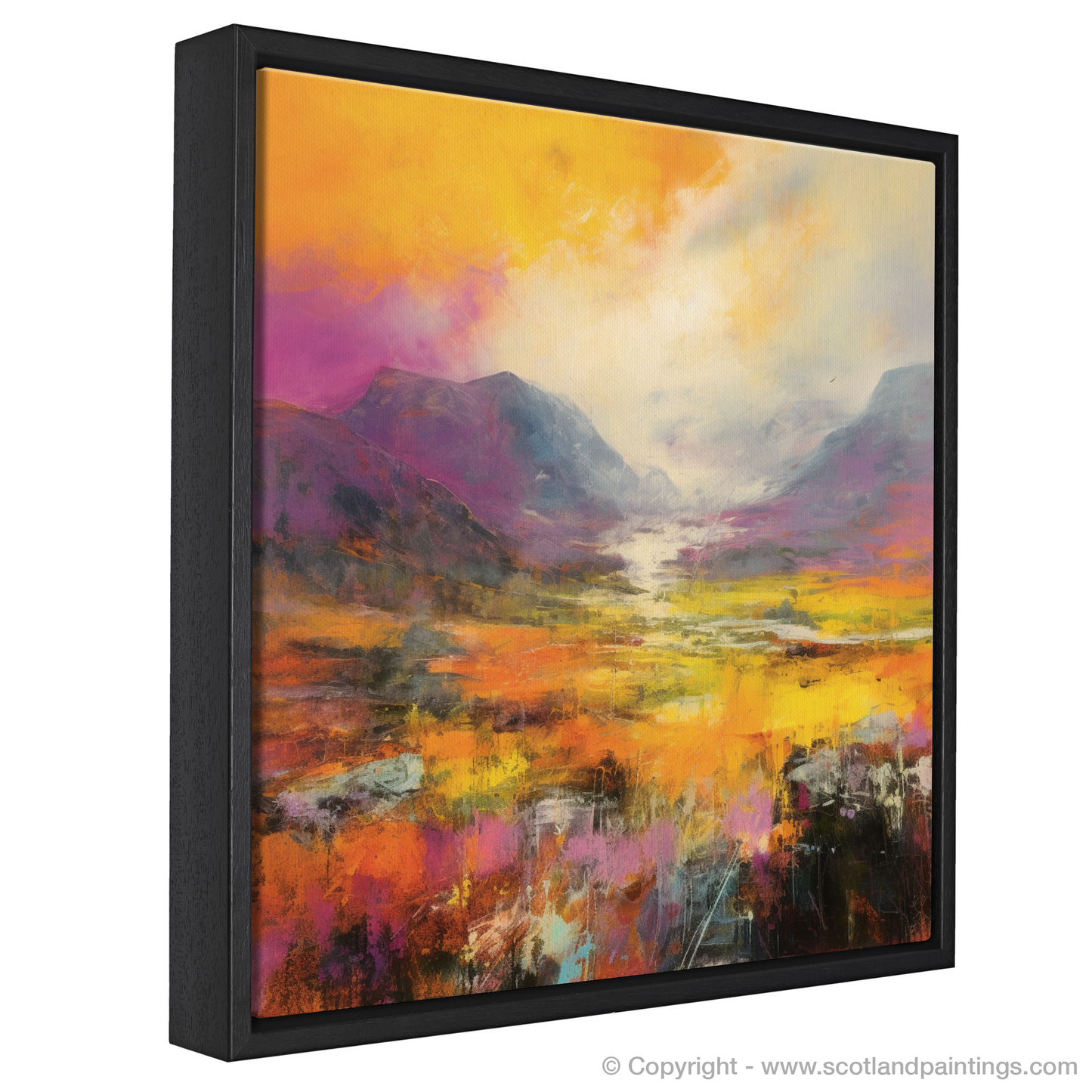 Painting and Art Print of Golden light on heather in Glencoe entitled "Golden Hour Embrace in Glencoe".