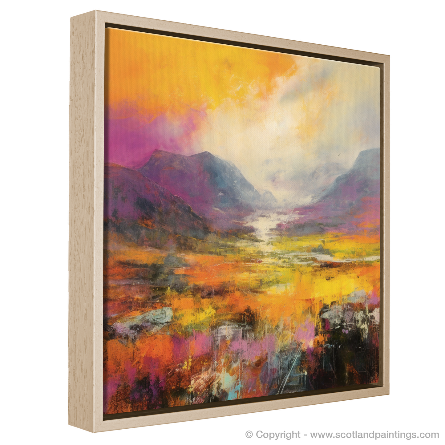 Painting and Art Print of Golden light on heather in Glencoe entitled "Golden Hour Embrace in Glencoe".