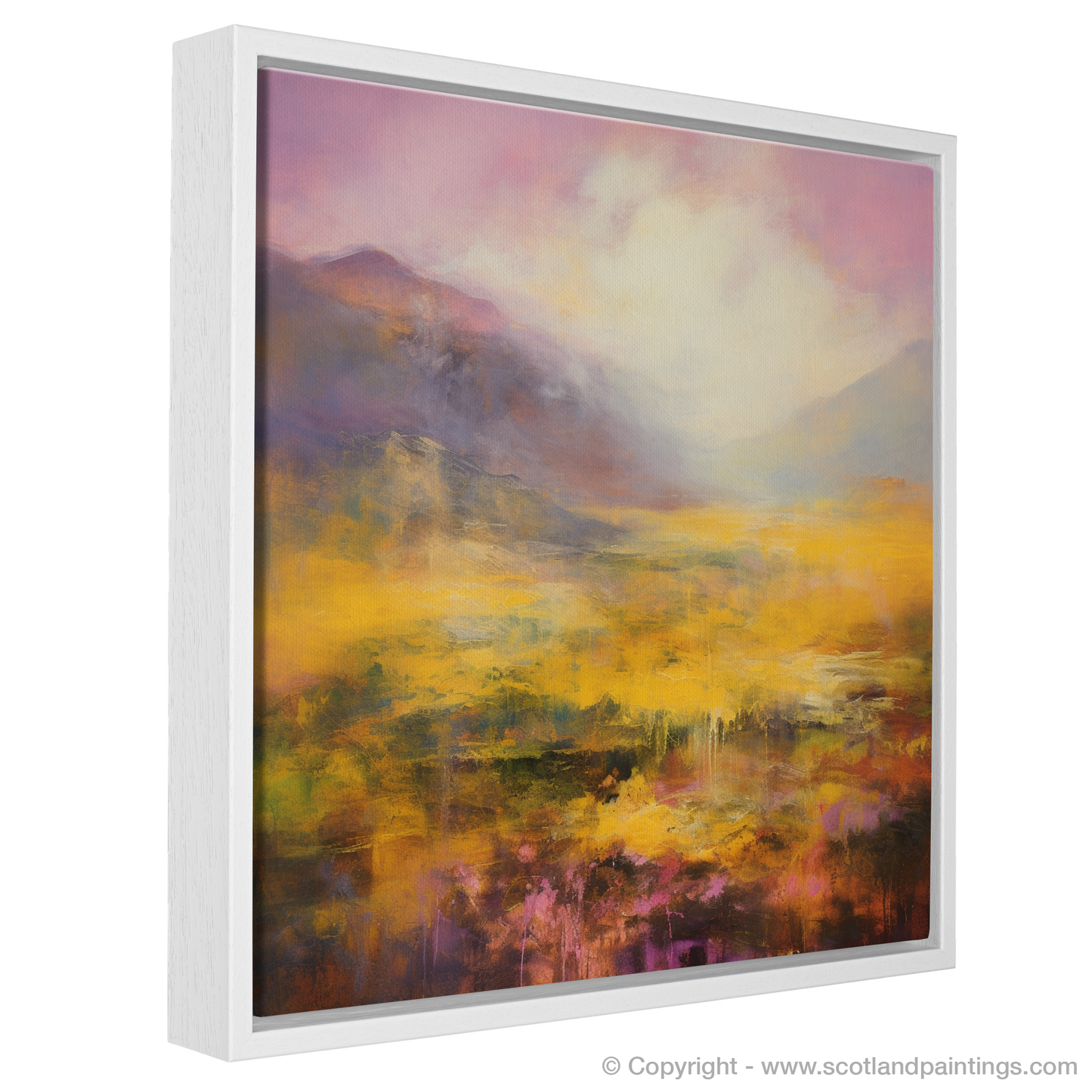 Painting and Art Print of Golden light on heather in Glencoe entitled "Golden Light Dance on Heather Clad Hills of Glencoe".