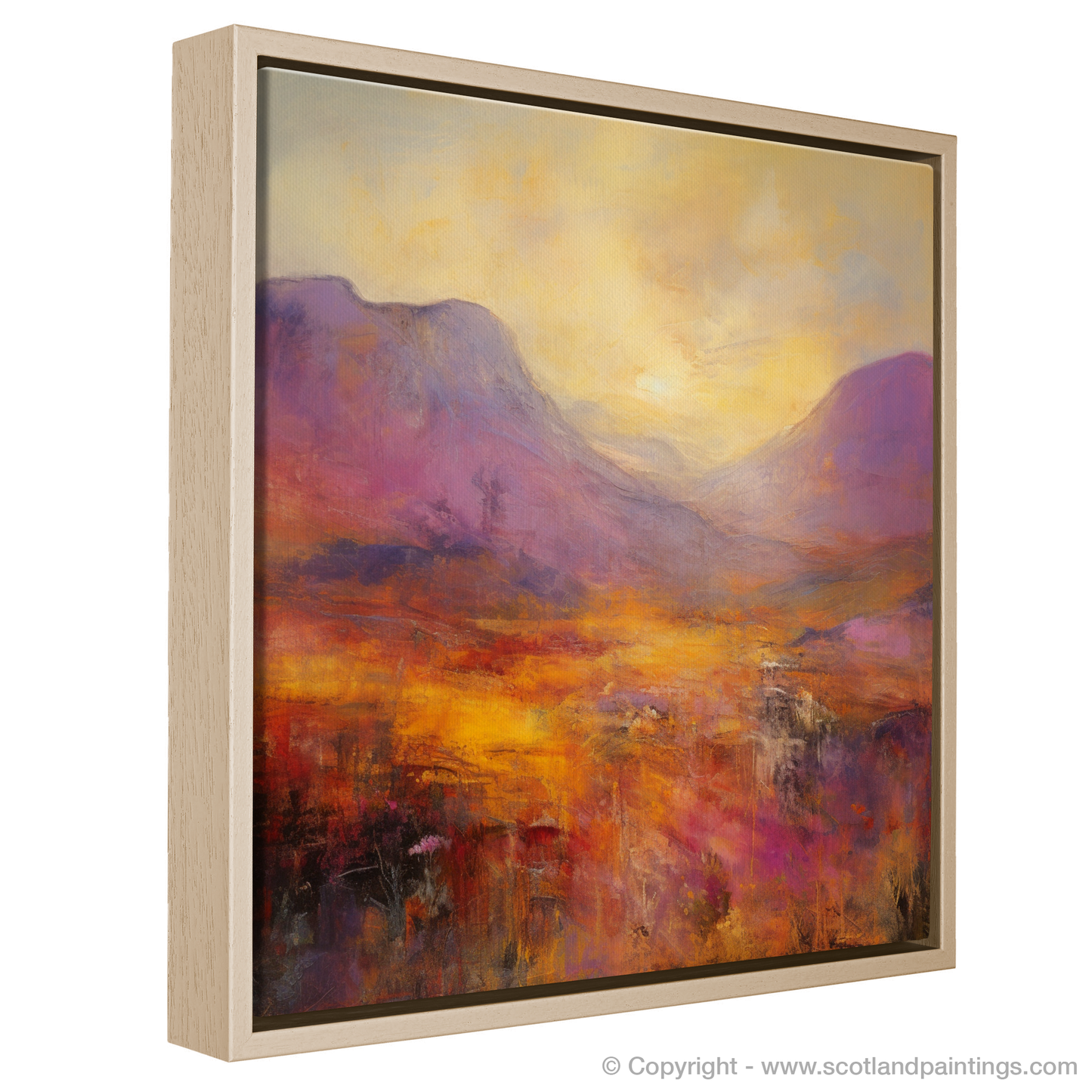 Painting and Art Print of Golden light on heather in Glencoe entitled "Golden Heather Glow: An Abstract Ode to Glencoe's Majesty".