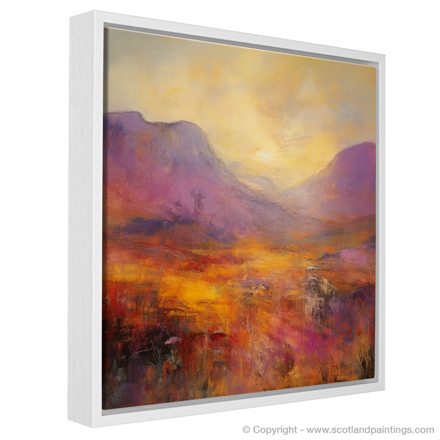 Painting and Art Print of Golden light on heather in Glencoe entitled "Golden Heather Glow: An Abstract Ode to Glencoe's Majesty".