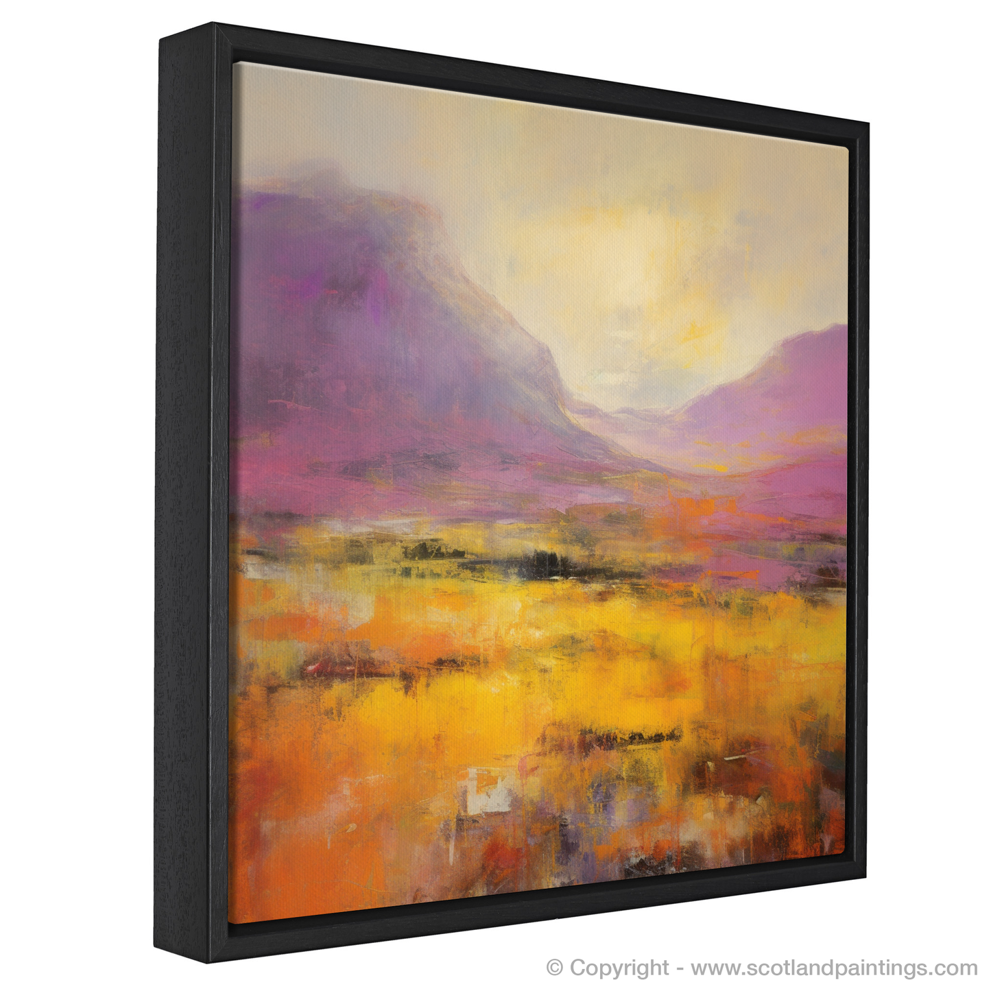 Painting and Art Print of Golden light on heather in Glencoe entitled "Golden Radiance over Heathered Glencoe".