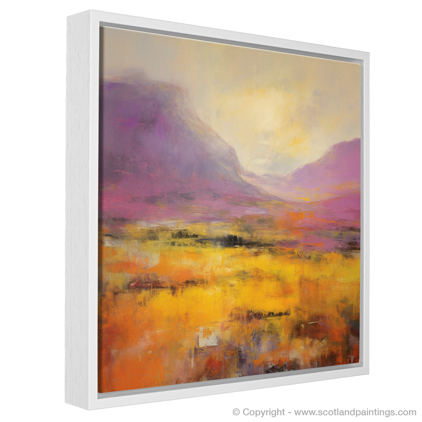 Painting and Art Print of Golden light on heather in Glencoe entitled "Golden Radiance over Heathered Glencoe".