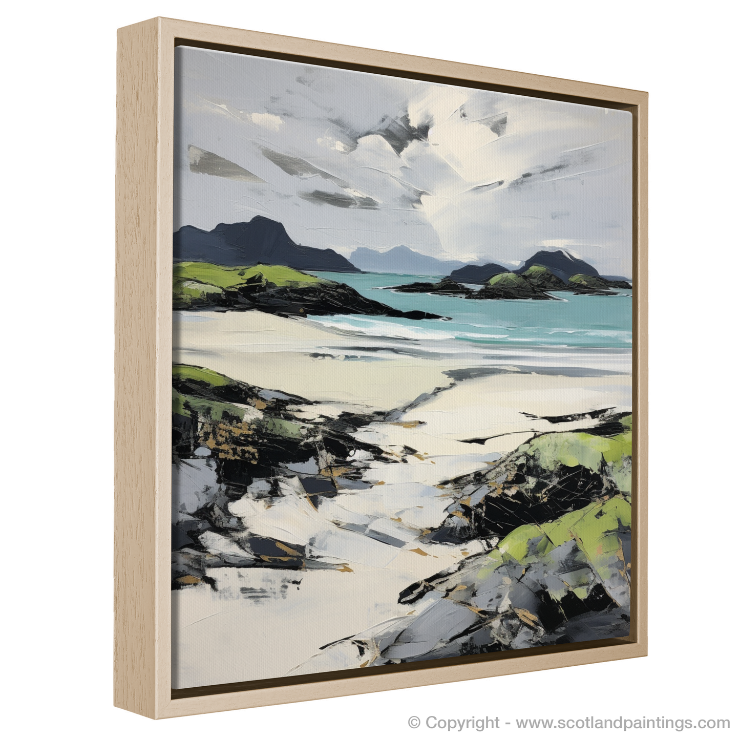 Painting and Art Print of Silver Sands of Morar in summer entitled "Dancing Light on the Silver Sands of Morar".