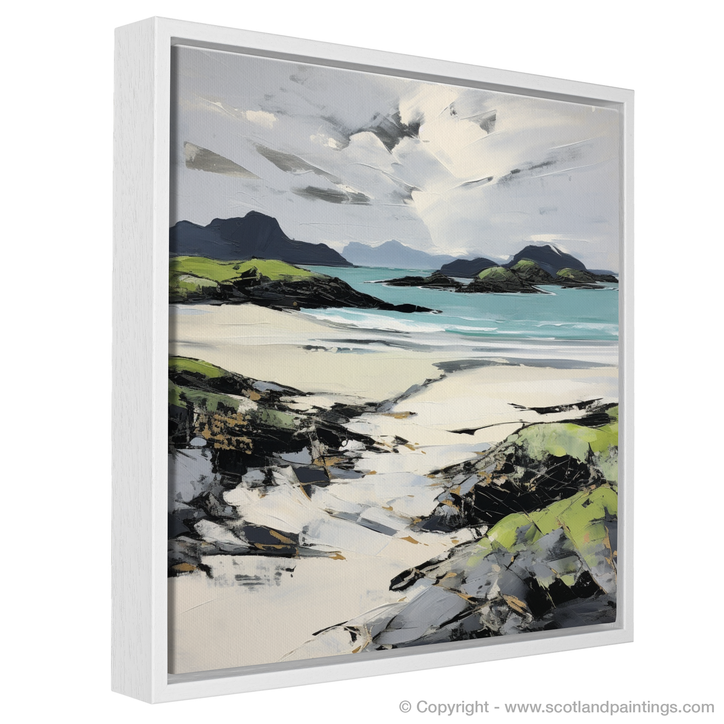 Painting and Art Print of Silver Sands of Morar in summer entitled "Dancing Light on the Silver Sands of Morar".