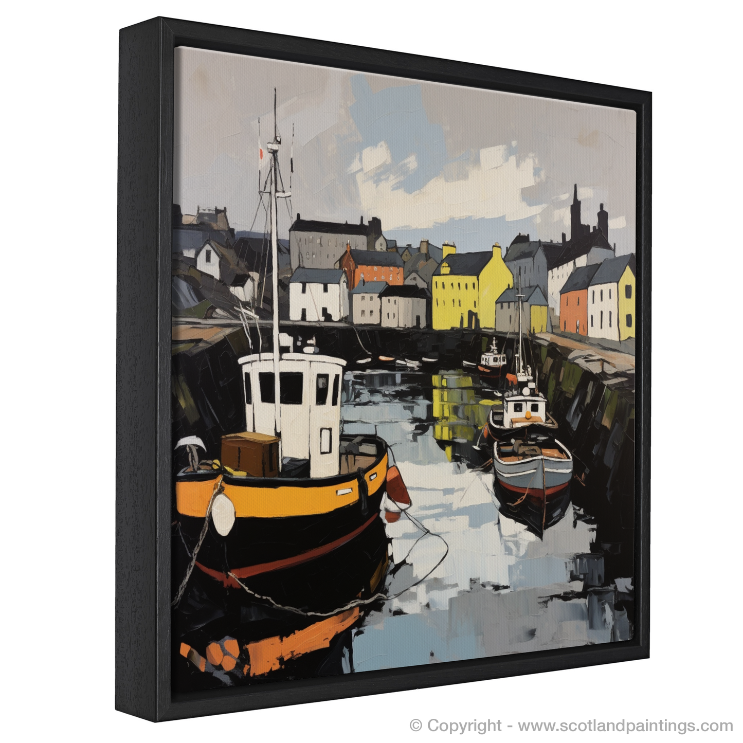 Painting and Art Print of Stornoway Harbour entitled "Stornoway Harbour Essence: An Expressionist Ode to Scottish Coastal Beauty".