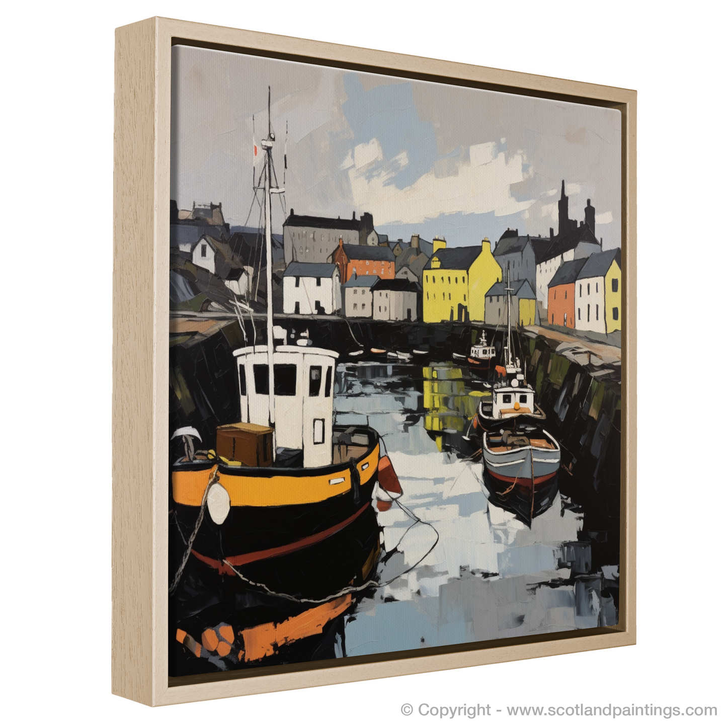 Painting and Art Print of Stornoway Harbour entitled "Stornoway Harbour Essence: An Expressionist Ode to Scottish Coastal Beauty".