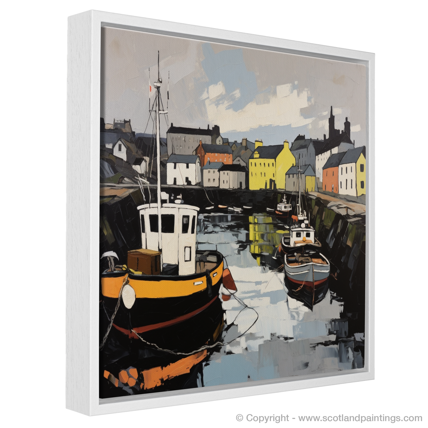 Painting and Art Print of Stornoway Harbour entitled "Stornoway Harbour Essence: An Expressionist Ode to Scottish Coastal Beauty".