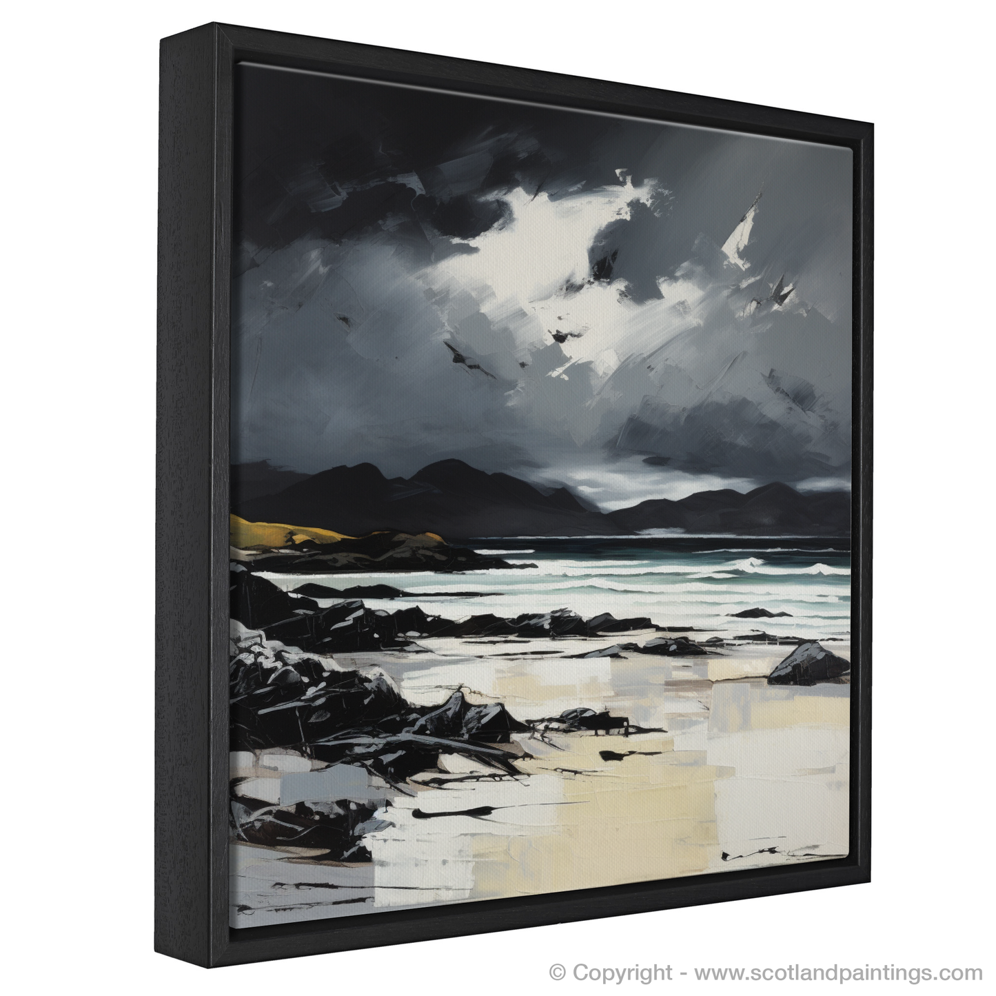 Painting and Art Print of Camusdarach Beach with a stormy sky entitled "Storm's Embrace at Camusdarach Beach".