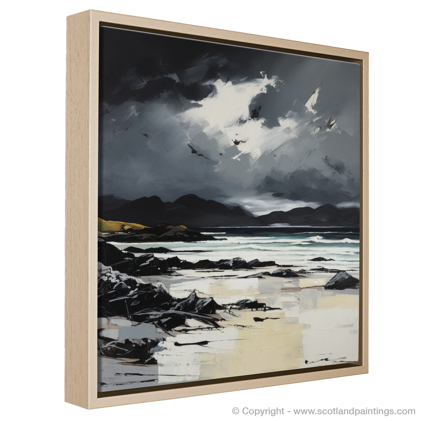 Painting and Art Print of Camusdarach Beach with a stormy sky entitled "Storm's Embrace at Camusdarach Beach".