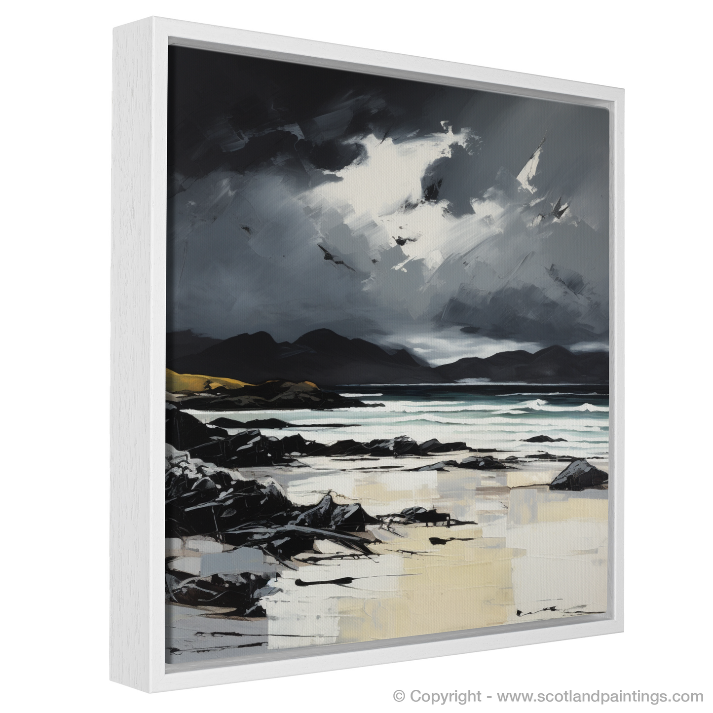 Painting and Art Print of Camusdarach Beach with a stormy sky entitled "Storm's Embrace at Camusdarach Beach".