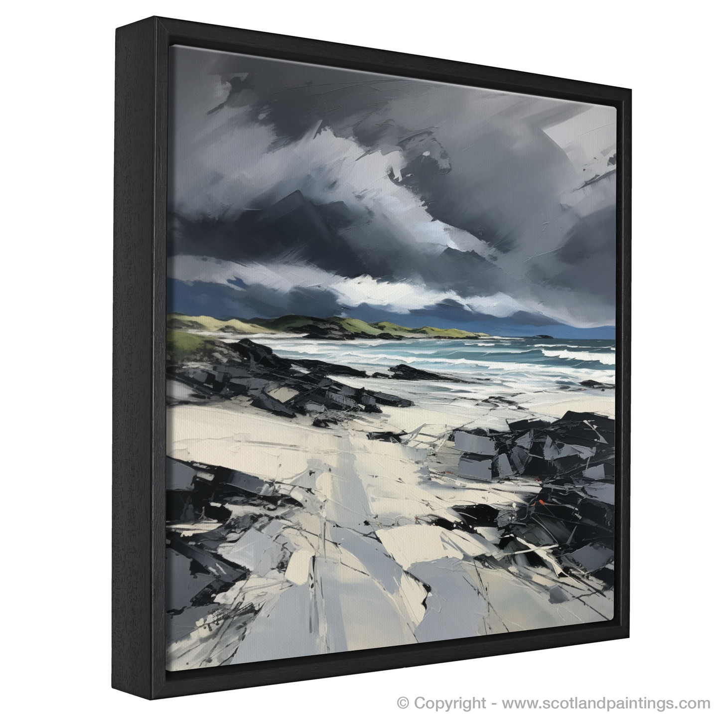 Painting and Art Print of Camusdarach Beach with a stormy sky entitled "Storm's Dance over Camusdarach Beach".